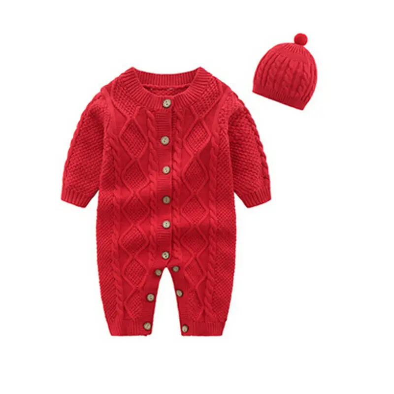 

Fashion Newborn Baby Boys Girls Knitted Romper Autumn Winter Warm Clothes Long Sleeve Romper Jumpsuit+Hat Baby One-Piece Outfits