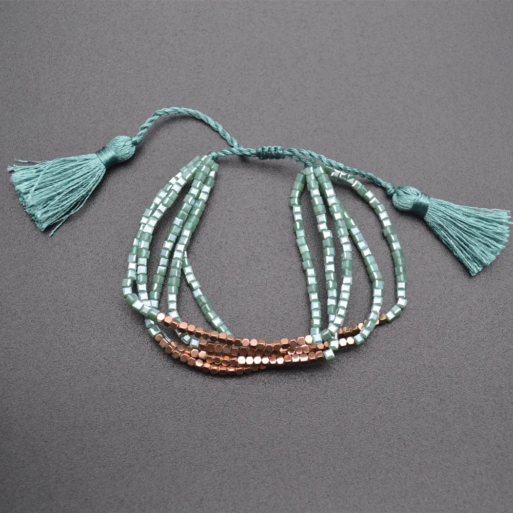 

Wholesale Handmade Multi Rows Glass Cube Beads Tassel Charm Bracelet Fashion Woman Jewelry 5pc/lot