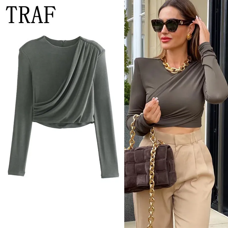 

Женский плиссированный укороченный топ TRAF, черный бархатный топ с рюшами, винтажная вечерняя блузка с длинным рукавом, элегантные блузки с ...