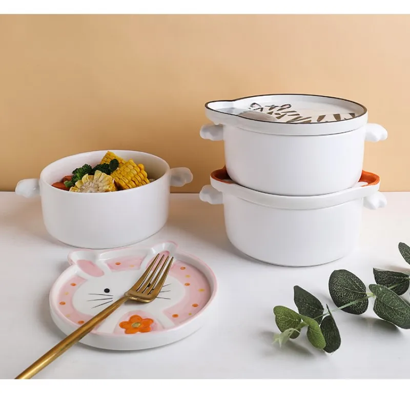 Милая мультяшная керамическая миска с крышкой студенческое общежитие ланч