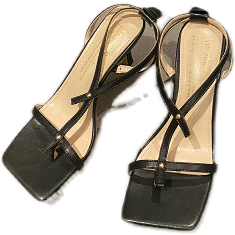 

Sandals Stiletto Heels 2021 Women's Square Toe Suit Female Beige All-Match Low-Heeled Shoes With Strap Cross High New Black Fash
