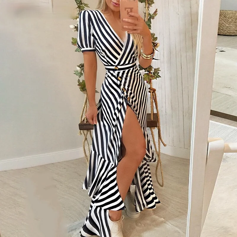 

2021 new ladies striped deep V slit high slit dress