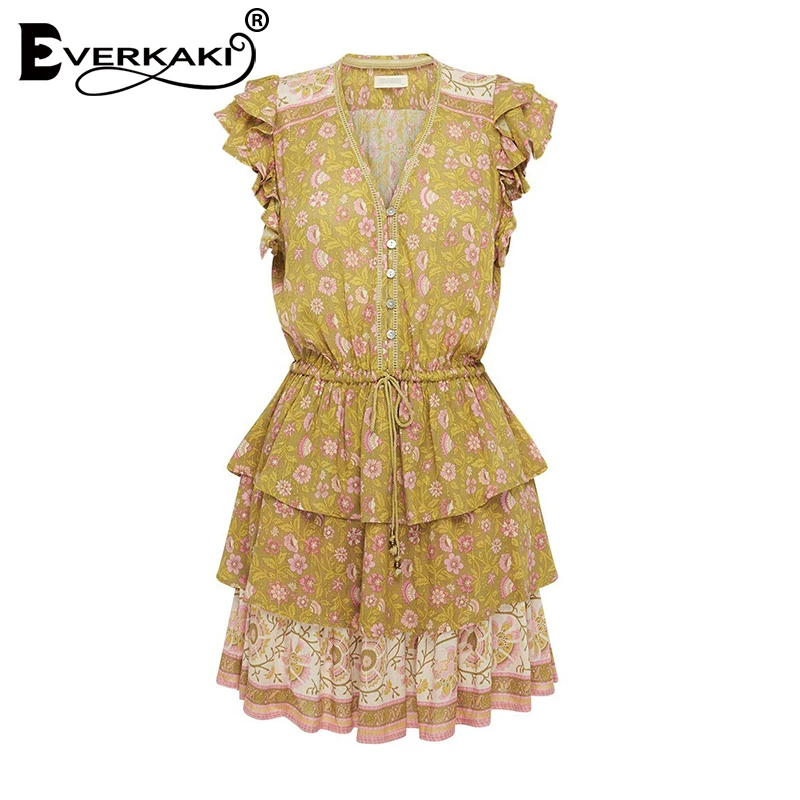 Everkaki Ruffles Boho печати Мини платье женское с поясом пуговицы цыганские женские