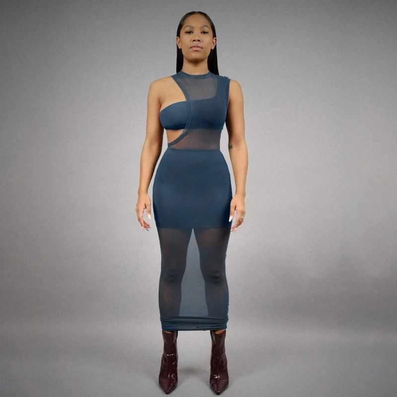 

2022 Women 3 Piece Set Sleeveless Mesh Midi Dress One Shoulder Tank Mini Skirt Bodycon Sexy Streetwear Club Party 2022 Summer