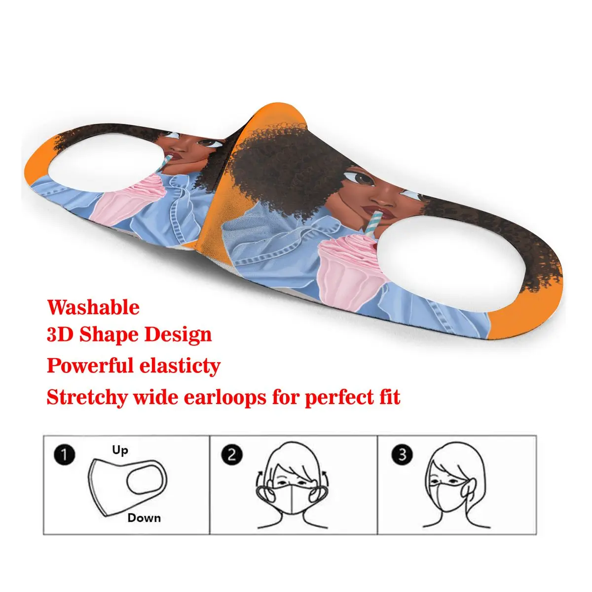 

Mouth Mask Art Afro African American Girl Drink Juice Dust Face Masks Cover Washable & Reusable for Adult Student Kids