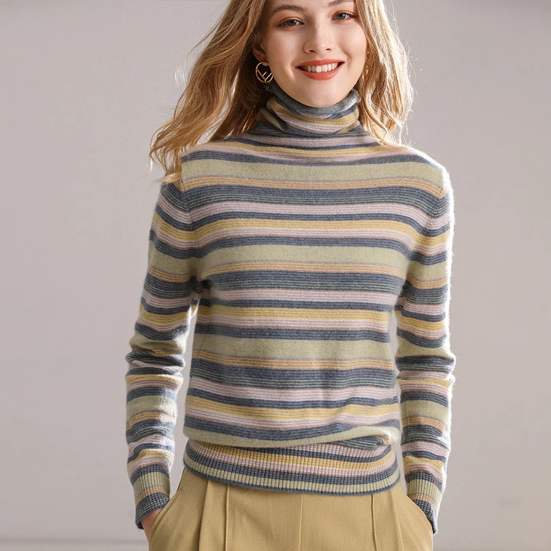 Autumn and winter new fashion color matching cashmere sweater women's bottoming jacket 100% pure | Женская одежда