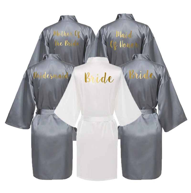 Satin Silk Bride Robe Wedding Party Bridesmaid Bride Dressing Gown Bridal Robe Bathrobe Slippers Gold Print Grey