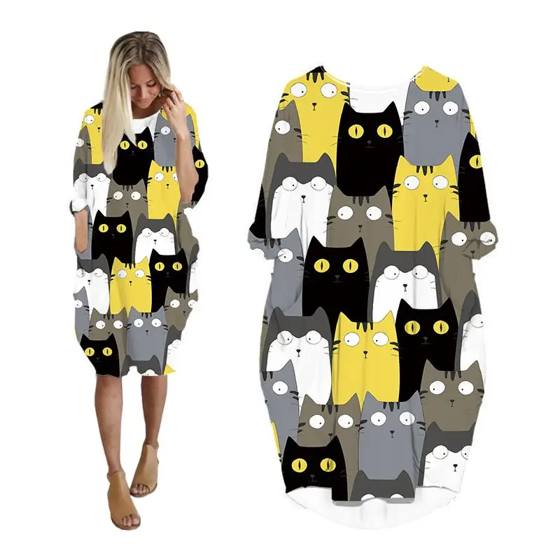 

Midi Dress Shirt Cartoon Cat 3d Printed Fashion Pocket Harajuku Long Sleeve Casual Street Style Dresses Womens Plus Size Clothes