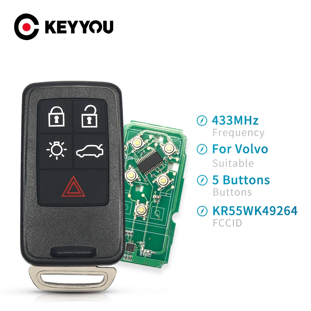 

KEYYOU для Volvo XC60 S60 S60L V40 V60 S80 XC70 KYDZ 5 кнопок 433 МГц ID46 PCF7953 чип KR55WK49264 умный пульт дистанционного управления для автомобиля