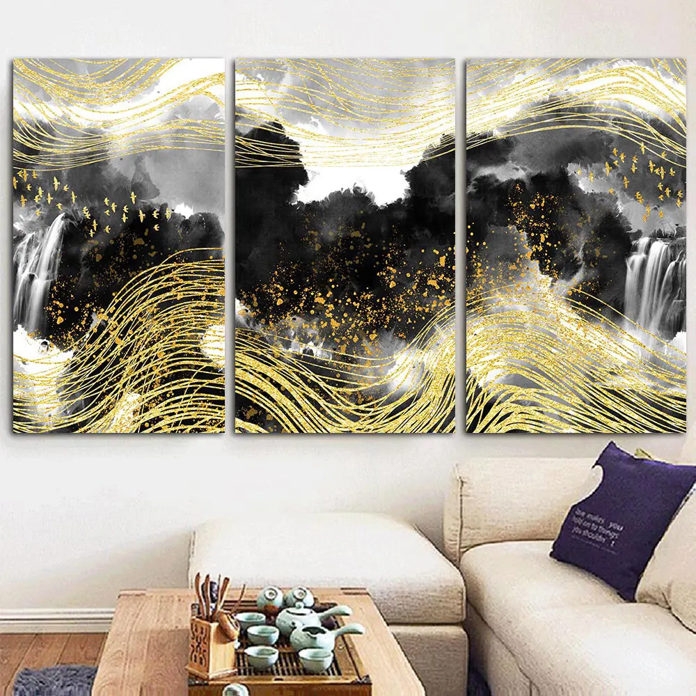 

Abstract Golden Flying Bird Art Poster New Chinese Style Gold Foil Line Zen Black And White Landscape Wall Decoration Painting