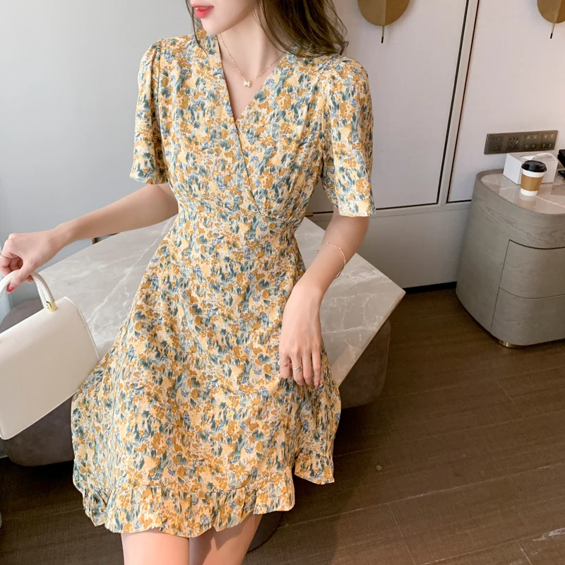 

Summer Print Chiffon V-Neck Sexy Club Mini Dress 2022 Casual Korean Beach Vacation Sunress Women Elegant Bodycon Party Vestidos