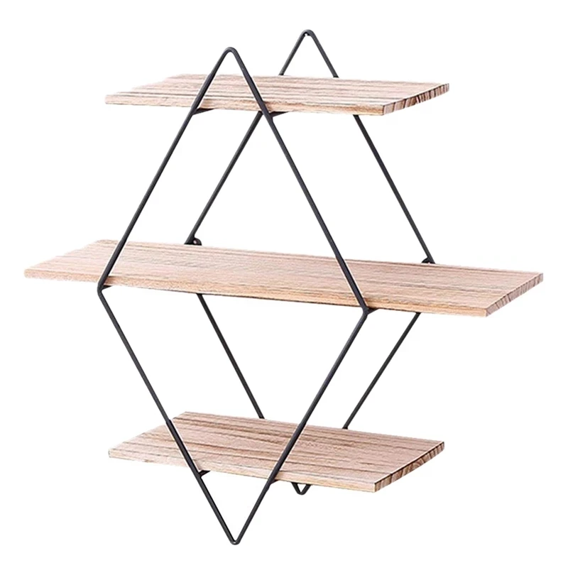 

Retro Ins Wood Iron Diamond 3 Tier Wall Shelf Wall Mounted Storage Rack Organization Wall Decoration Holder Storage Shelf
