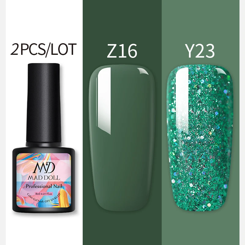 Z16Y23 2 бутылки 8 мл MAD DOLL УФ-гель для ногтей чистый цвет и Блестящие Блестки долговечный впитывающий Гель-лак для нейл-арта - Цвет: Z16Y23