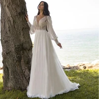 boho bohomian wedding dresses 2021 lace chiffon v neck puff long sleeve beach bridal gowns elegant bride dress customize