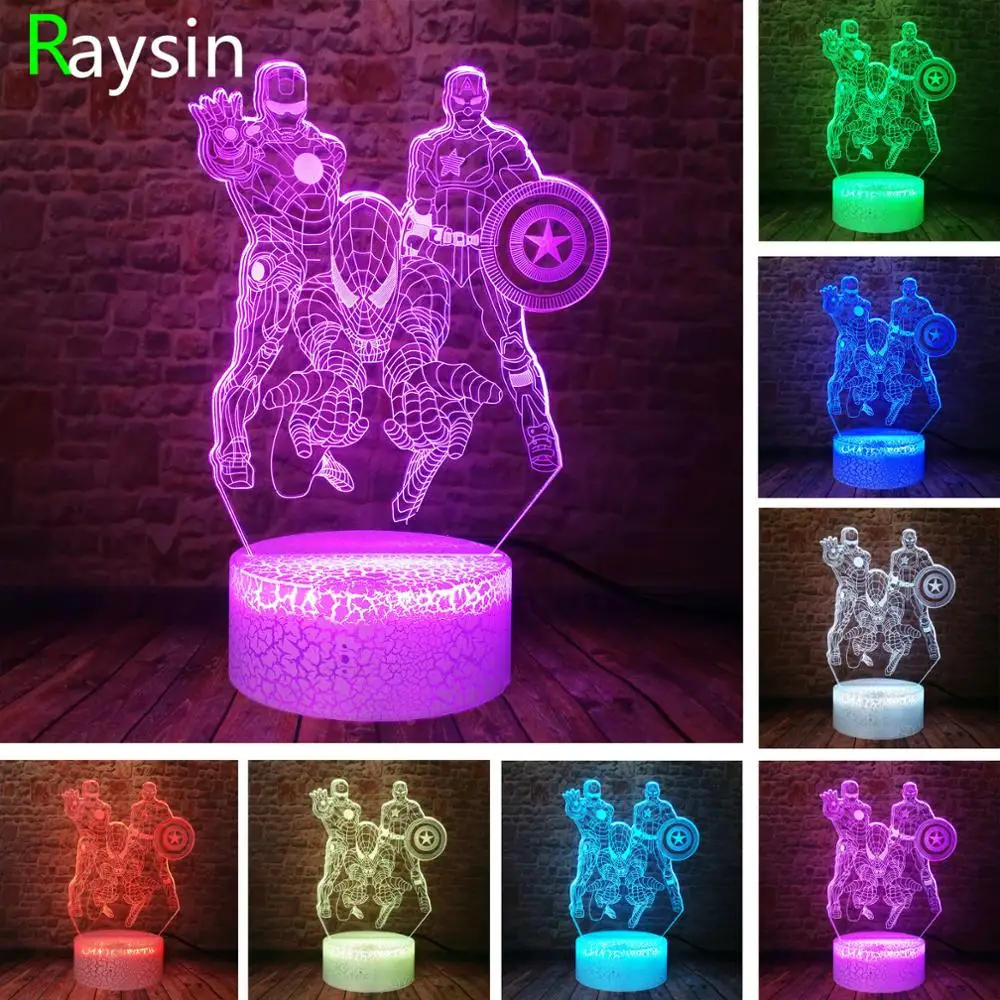 Marvel Comics Iron Man Spiderman Captain America Avengers Endgame Hero 7 Color Changing Led Night Light Child Kids Xmas Toy Gift | Освещение
