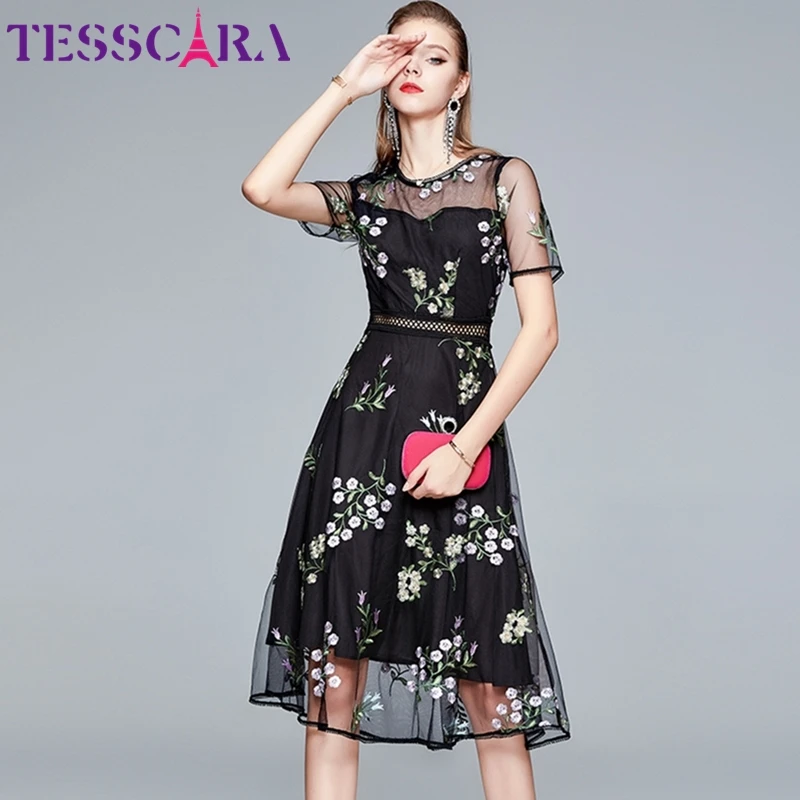 Женское Сетчатое платье с вышивкой TESSCARA винтажное элегантное вечернее цветочным