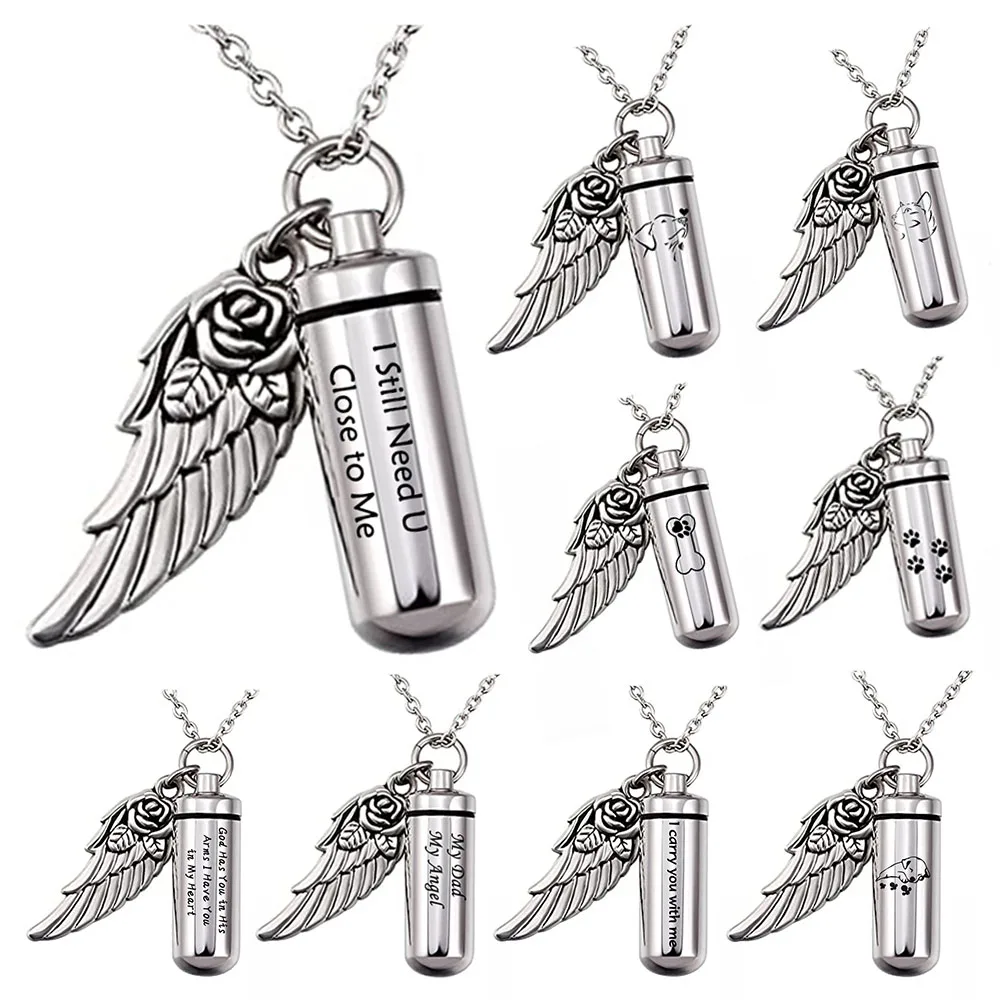 Pretty Rose flower angel wing Charm Cremation jewelry Cylinder Ash Urn Pendant Memorial Pet/Human Ashes Necklace Stainless Steel
