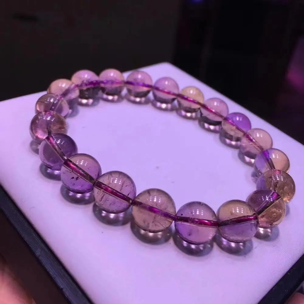 

Top Natural Ametrine Purple Yellow Bracelet 9.5mm Women Clear Ametrine Round Beads Stretch Crystal AAAAAA