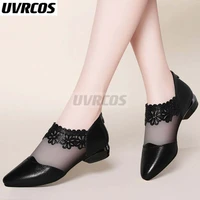 2022 new summer sandals pointed elegant women shoes black lace slip on loafers low heels zipper flowers casual pumps fashion