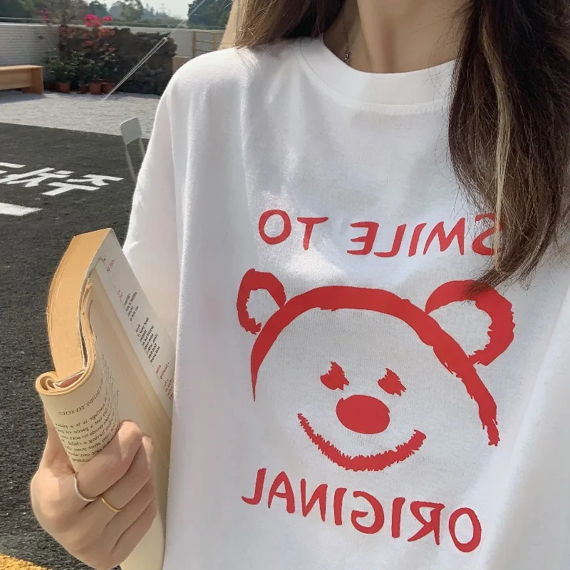 

White Cartoon Bear Printed Short-Sleeved T-shirt Female Ins Korean Style Loose round Neck Cotton Student Top Bottoming Shirt