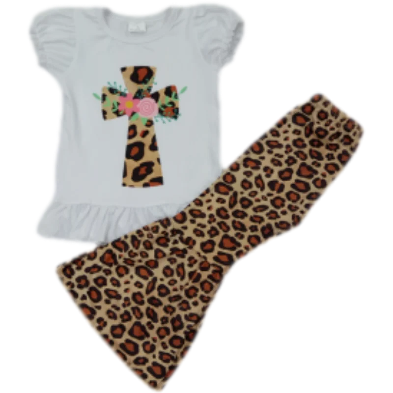 

2021 New Baby Girls Clothes Crucifix Embroidery T-Shirt Top Leopard Bell-Bottom Long Pants Toddler Kids Wear Outfits