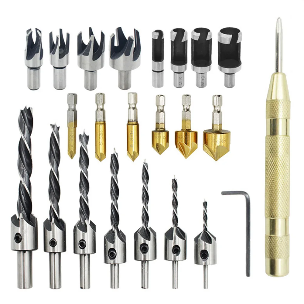 

23pcs Woodworking Chamfer Reamer Countersink Carpenter Wood Plug Cutter Hex 5 Flute 90 Degree Drill Bit Set Carbide Alloy