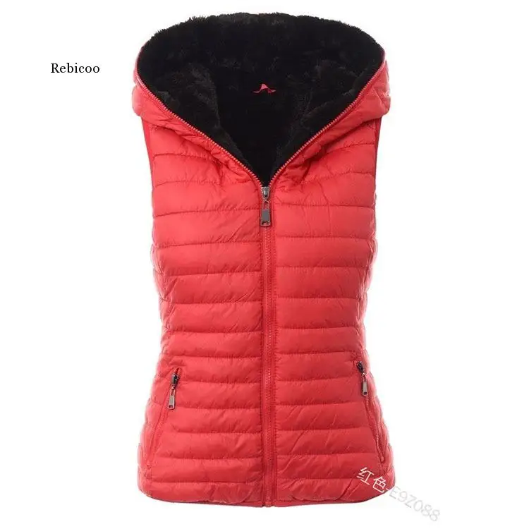 

Women's Casual Solid Color Warm Hooded Sleeveless Vests Autumn and Winter Short Slim-Fit Zip Vests