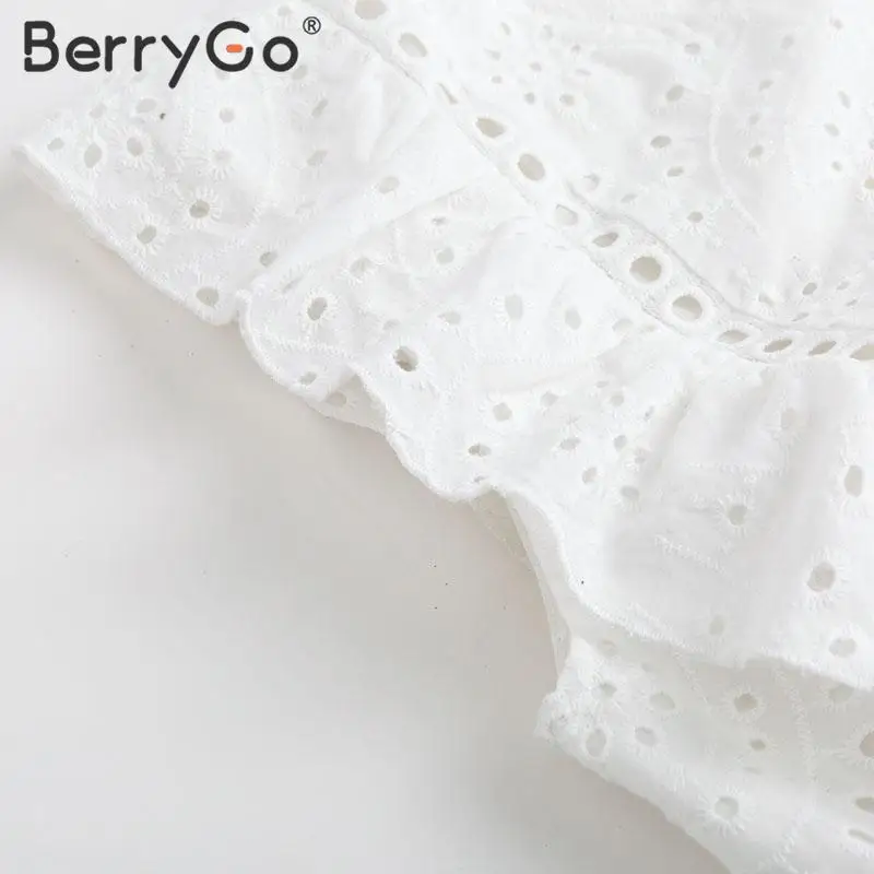 BerryGo, элегантные кружевные женские белые топики с оборками, топы на бретельках, повседневные открытые Женские топы с баской, летние топы из хлопка с высокой талией для женщин