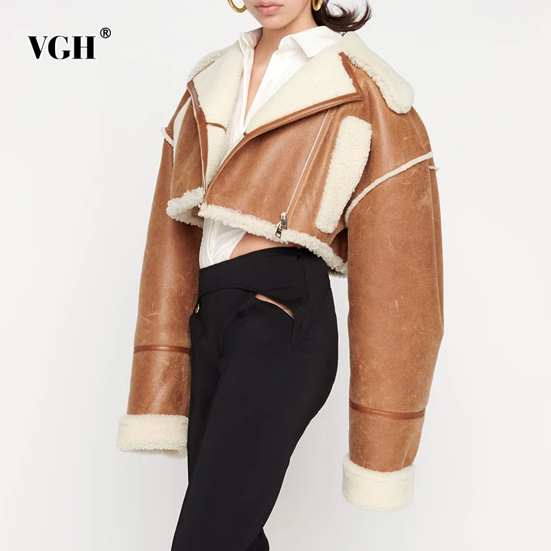 VGH Korean Fashion Patchwork PU Leather Colorblock Jacket For Women Lapel Collar Long Sleeve Zipper Coats Female Winter Clothing