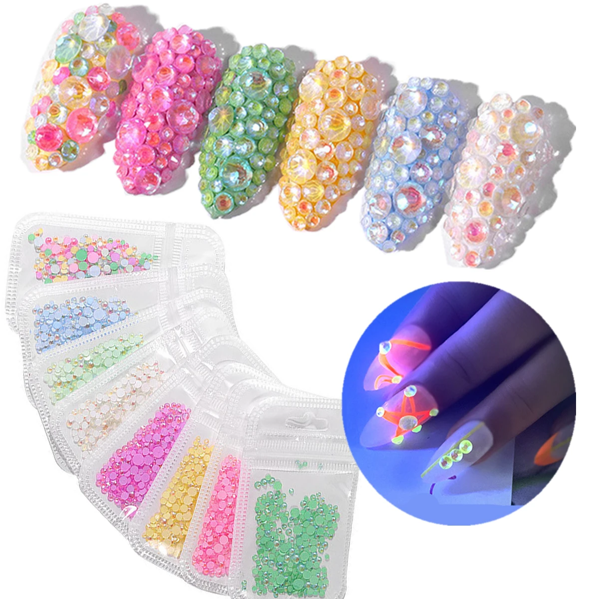 8 упаковок разные размеры светящиеся кристаллы для дизайна ногтей|Стразы и