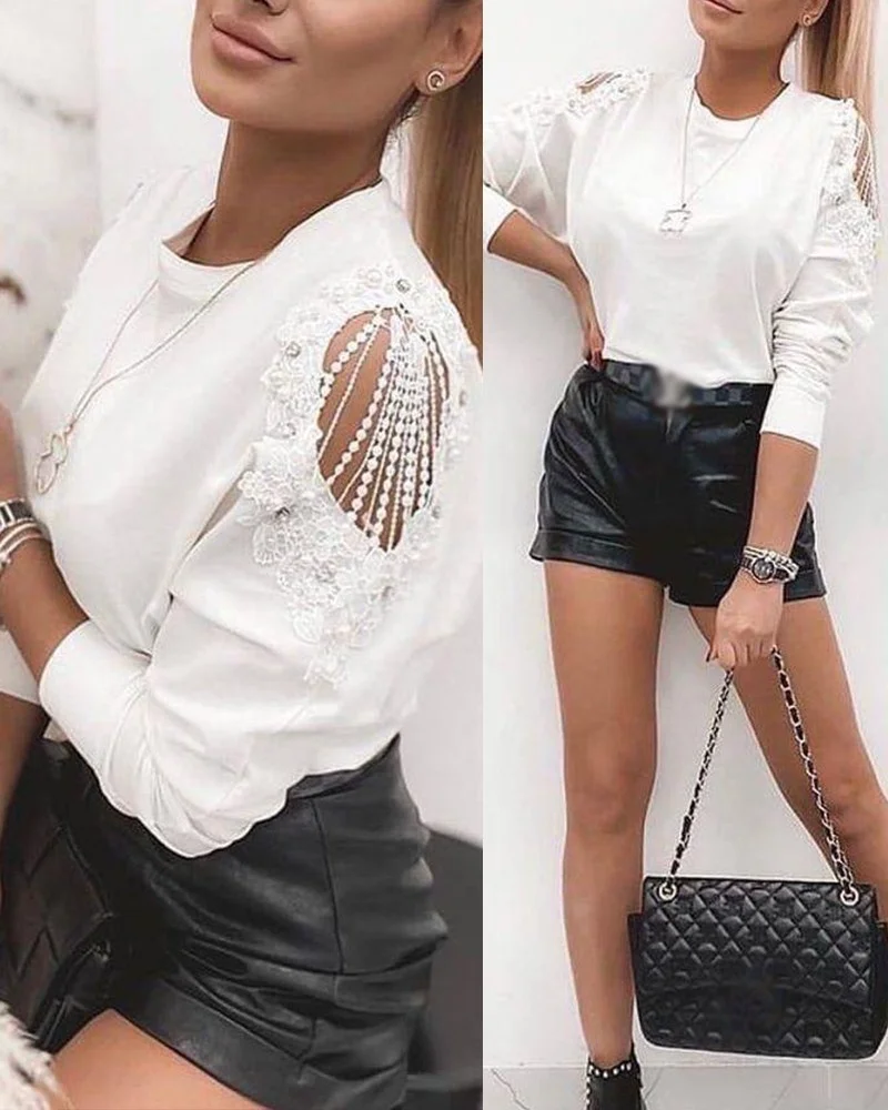 

Contrast Lace Cutout Long Sleeve Top Women Autumn 2021 New Fashion