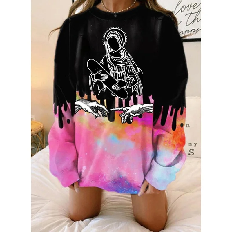 

black red skateboard print oversized crewneck sweatshirt women vintage loose casual streetwear long sleeve long sleeve clothes