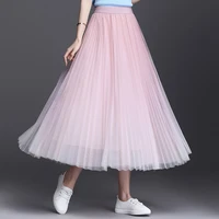 fashion lady new spring summer elastic high waist a line long pleated gauze skirt elegant women sweet girl tulle princess dress
