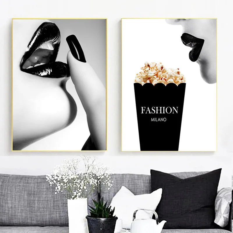 

Nordic Black and White Woman Lip Canvas Paintings Vogue Pop Art Posters and Prints Wall Art Pictures for Living Home Decoration