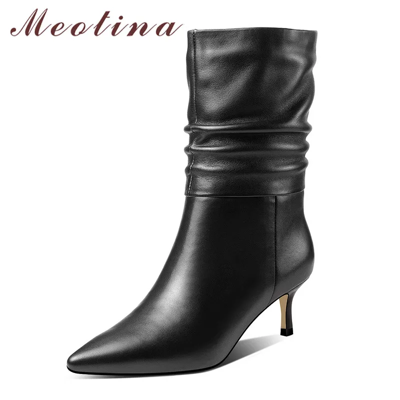 

Meotina Mid-Calf Boots Women Shoes Pleated Real Leather High Heel Boots Lady Pointed Toe Stiletto Heels Short Boots Winter Black