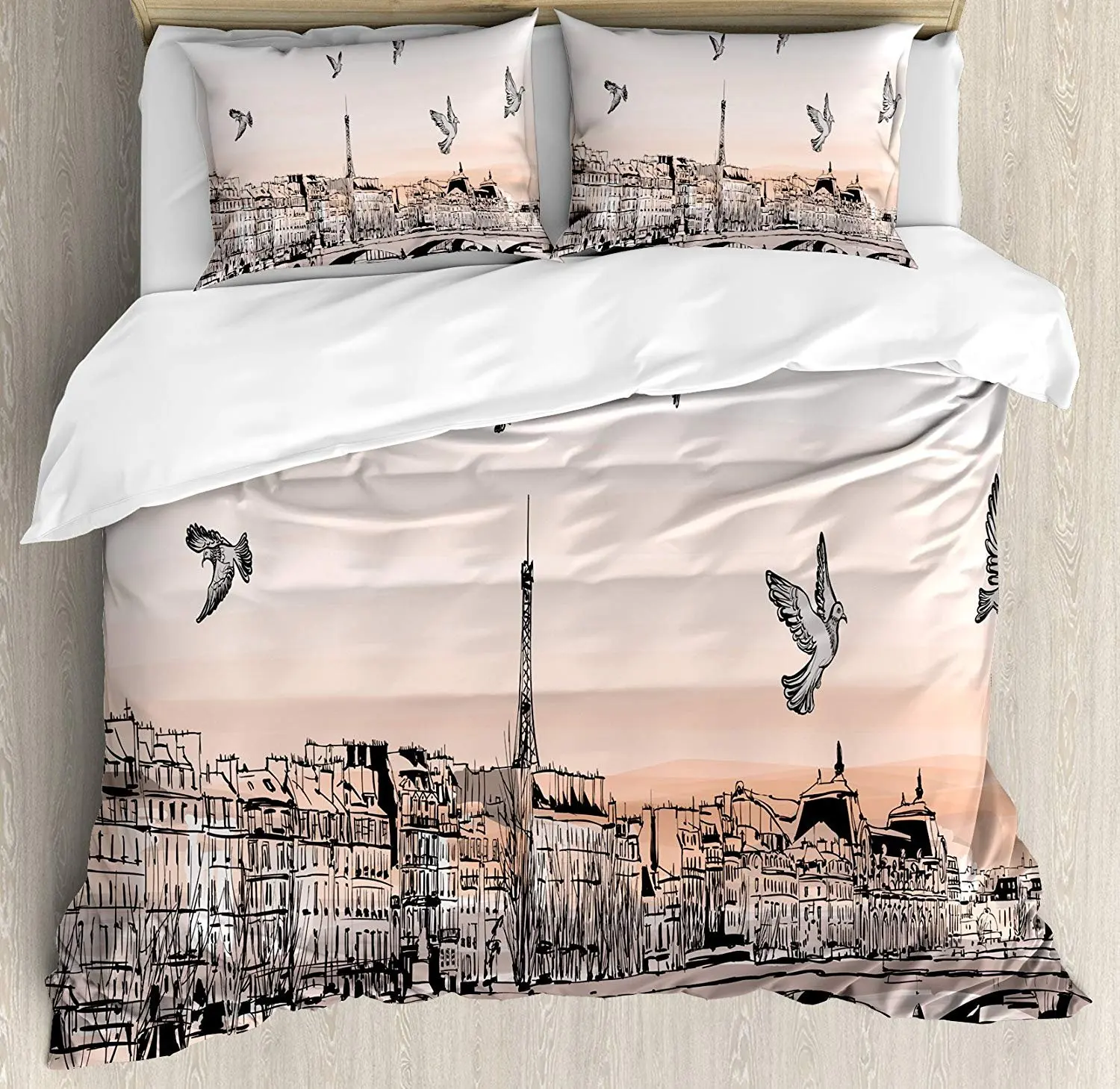 

Landscape Bedding Set Panorama Sketch Art Sunset View of Paris From Pont Des Arts with Pigeons River Duvet Cover Pillowcase