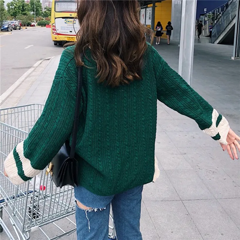 

Korea Fashion Female Sweater Sexy V Neck Patchwork Loose Tops Pullover Soft Knitted Spring Autumn Women Sweater