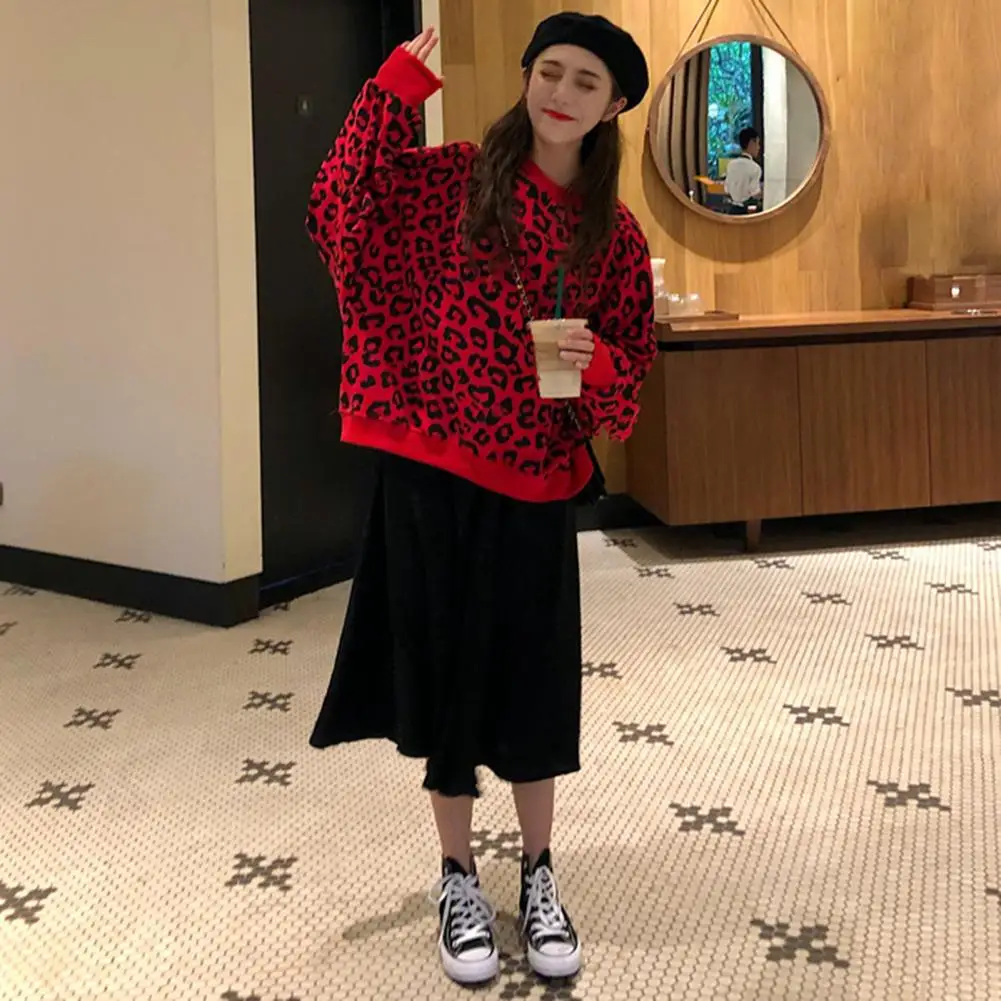 

Fashion Women Autumn Winter Long Sleeve Blouse Leopard Print Loose Sweatshirt
