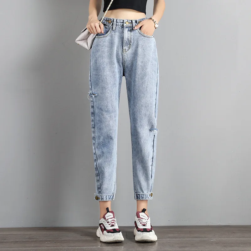 Осень 2019 новые джинсы женские свободные летние дырочки Короткие штаны чистая