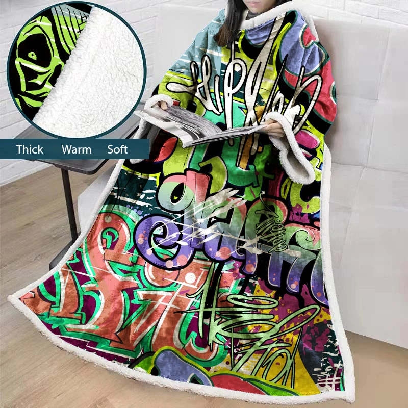 

Colorful Print Blanket With Sleeve Plush Warm Blanket Soft Sofa Bed Travel Throw Bohemian Blankets for Adult
