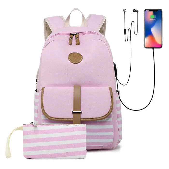 style2-2pcs-pink 2 комплекта, USB школьные сумки для девочек-подростков, рюкзак для ноутбука, сумка для женщин, рюкзаки для телефона, сумка в полоску с принтом, mochila escolar - Цвет: style2-2pcs-pink