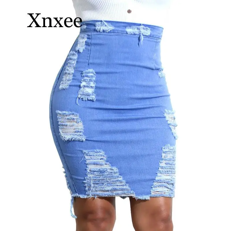 Юбка женская с дырками рваная джинсовая облегающая юбка завышенной талией 5