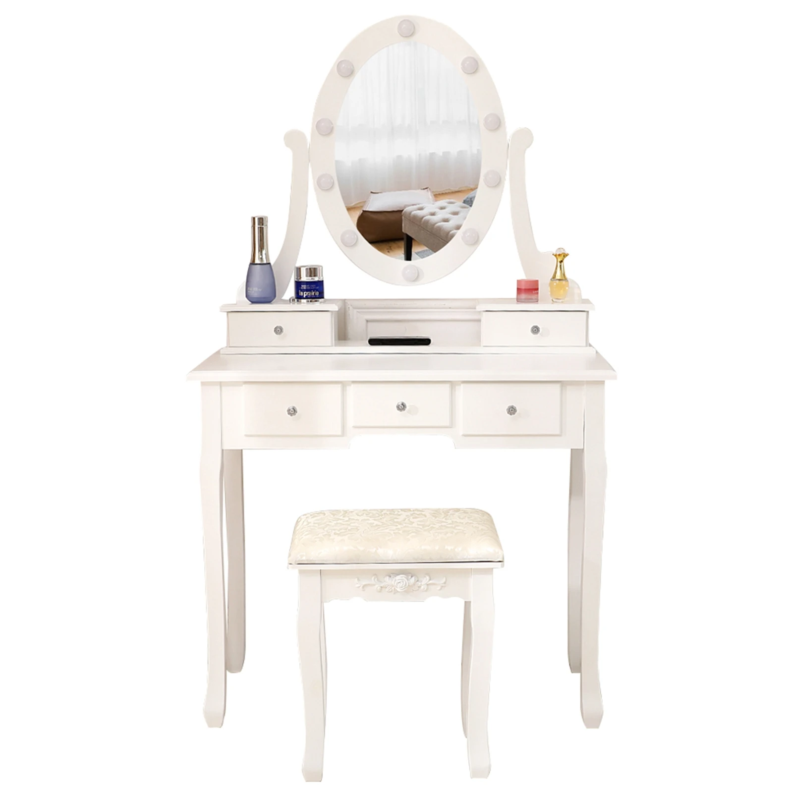 

White Single Mirror 5 Drawer Dressing Table With 10 Smal Light Bulbs Includes Two Storage Boxes And A Dressing Stool