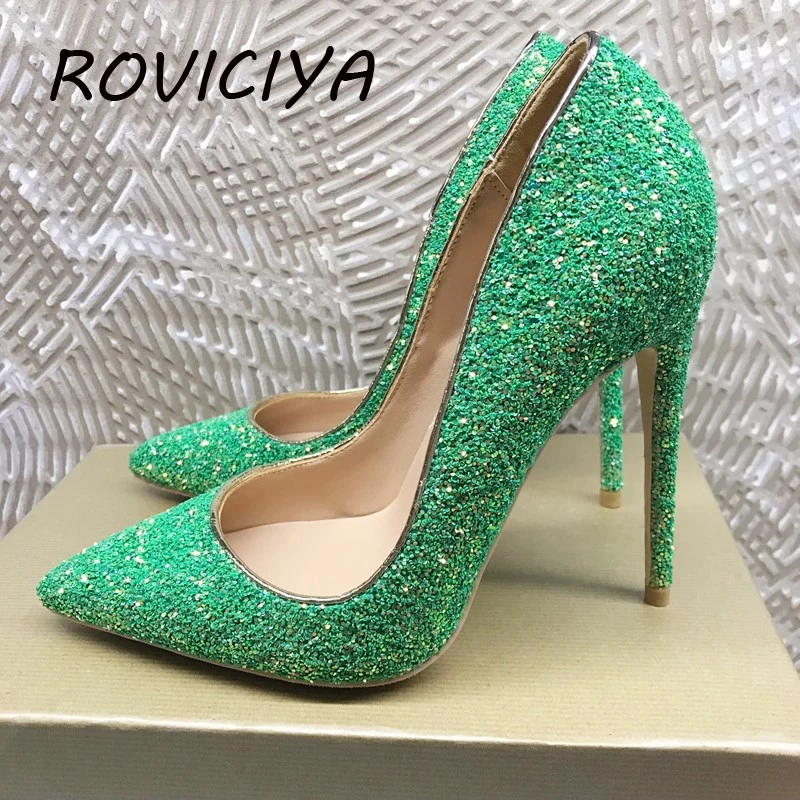 Зеленые блестящие туфли женские модельные на шпильке 12 см для ночного клуба