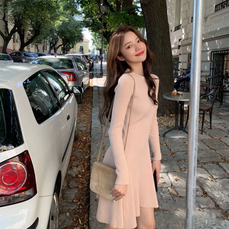 

Long Sleeve Sweater Women Casual Autumn Winter O-Neck A Line Mini Knitted Dresses