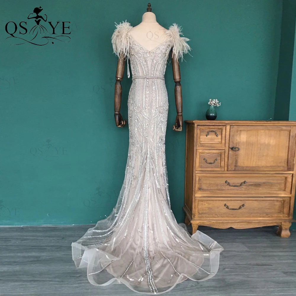 

QSYYE High Quality Feathers Mermaid Prom Dresses Long Shiny Evening Dress Glitter Silver Beadings Sequin Belt Sash Party Dress