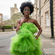 Robe de soirée en Tulle à plusieurs niveaux pour femmes, tenue de soirée courte, verte, Sexy, col licou, sans manches, grande taille, sur mesure  (1)