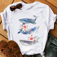 whales watercolor flowers roses print womens t shirt white tshirt femme summer fashion short sleeve t shirt female tops