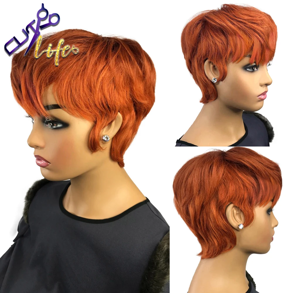 

Orange Ginger Color Wig Short Wavy Bob Pixie Cut Full Machine Made No Lace Human Hair Wigs With Bangs For Black Women Brazilian
