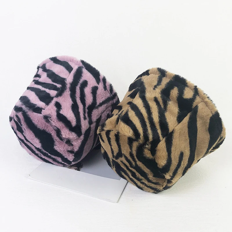 Winter Zebra Print Fur Plush Bucket Hats Women Outdoor Warm Soft Velvet Fisherman Hat Lady Girl INS Vintage Panama New Fashion